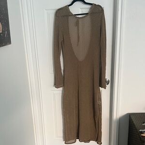 SHEIN Taupe Crochet Long Sleeve Midi Dress